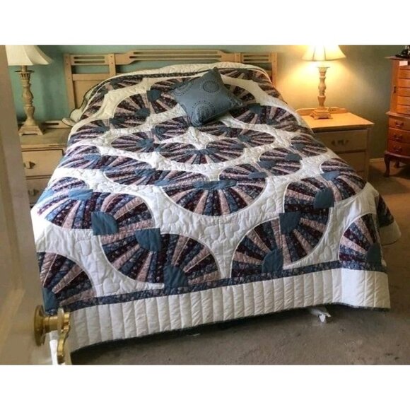 Handmade King Size Amish Fan Quilt Blue Pink Burgundy Roses Floral - Picture 4 of 6